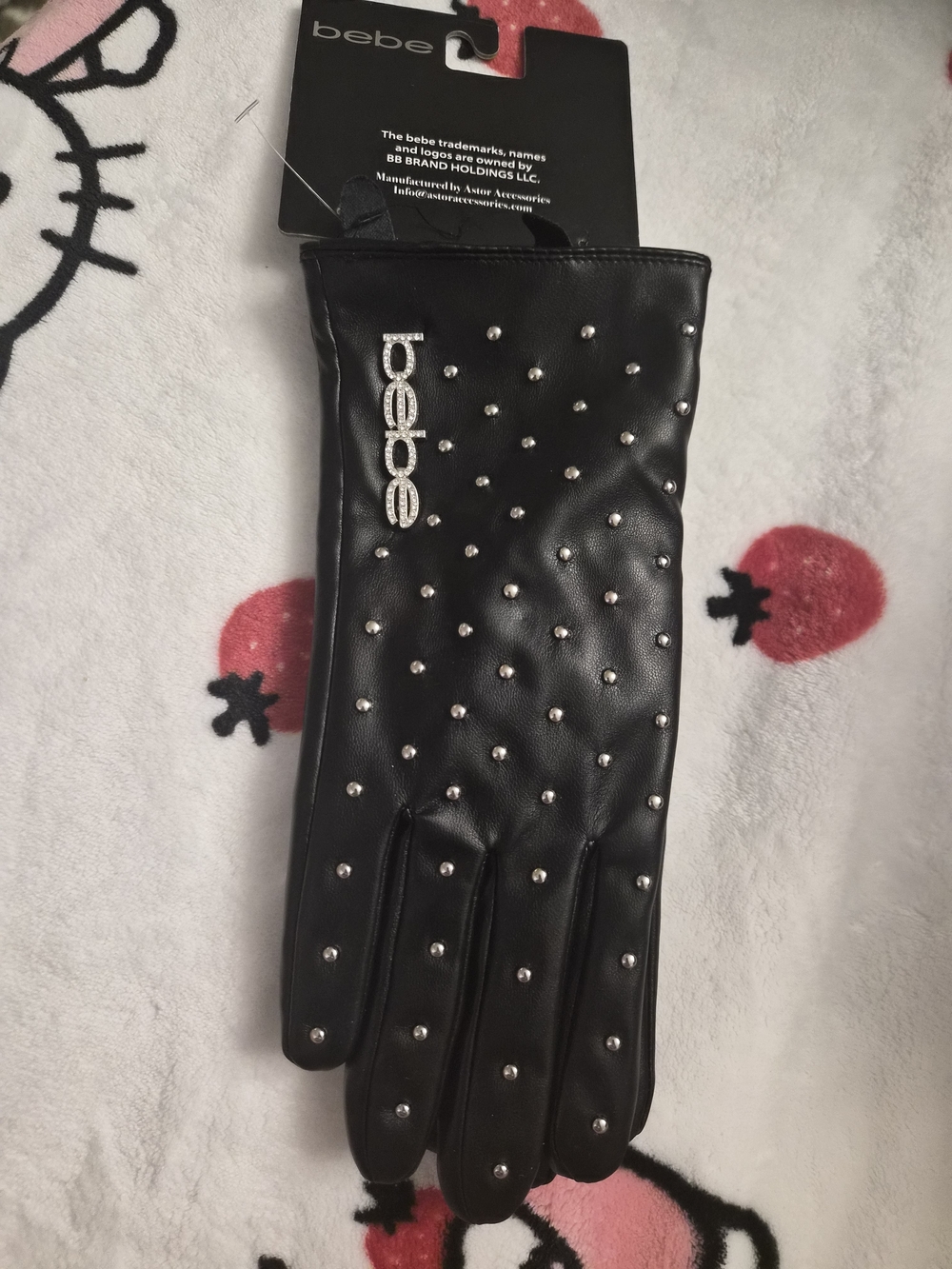bebe Black Studded Leather-Look Gloves with Crystal Logo